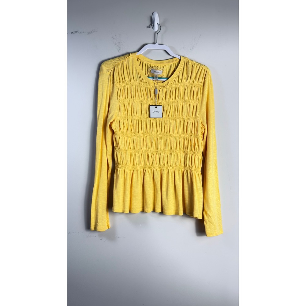 Cupio Peplum Top Yellow Smocked Long Sleeve Women Large Boho Cottagecore